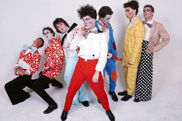 Split Enz in their “clownz” costumes in 1975: (from left) Mike Chunn, Wally Wilkinson, Emlyn Crowther, Tim Finn, Phil Judd, Noel Crombie and Eddie Rayner. 