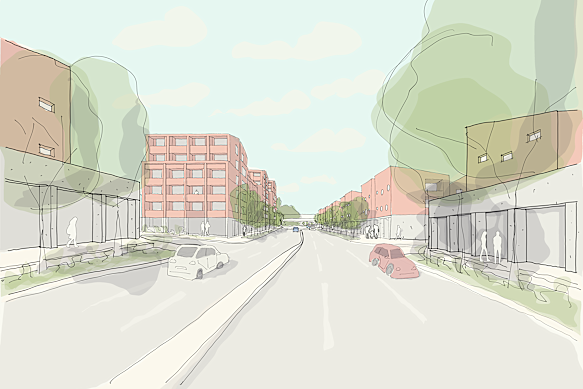 A concept image of plans to build 340 homes on a former WestConnex dive site in Haberfield.