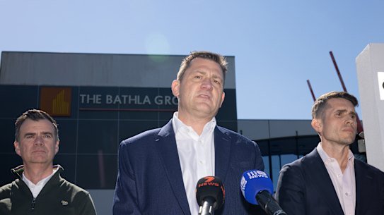 Stephen Longley speaking at a press conference at Bathla’s head office on Monday.