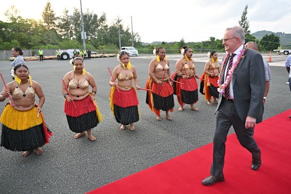 Prime Minister Anthony Albanese was welcomed at Palau Airport before the 55th Pacific Islands Forum Leaders Meeting in Koror, Palau.