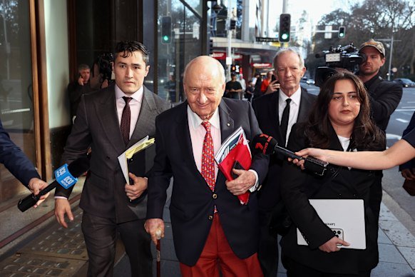 Jones leaving court on Tuesday. He and Hadley were stablemates and professional rivals at 2UE and 2GB.