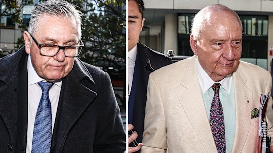 Ray Hadley and Alan Jones outside the Downing Centre Local Court on Wednesday.