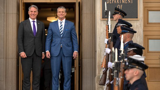 US Defence Secretary Pete Hegseth, right, greets Australia’s Deputy Prime Minister and Minister of Defence Richard Marles, left, on his arrival at the Pentagon, on Wednesday, September 2, in Washington