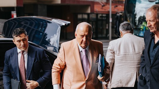 Alan Jones arrives at the Downing Centre Local Court on Tuesday.