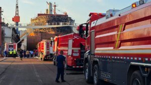 Fire aboard cargo ship undergoing repairs at busy Chinese port leaves 25 people dead, five more injured
