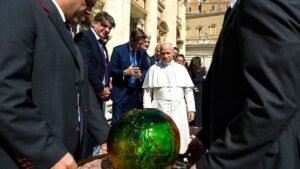 Pope Leo XIV receives ‘symbolic’ sphere in charity’s push for AI to ‘protect human dignity’