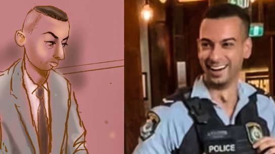 A court sketch of Beau Lamarre-Condon in the NSW Supreme Court on Tuesday (left) and a photo taken when he was a police officer.