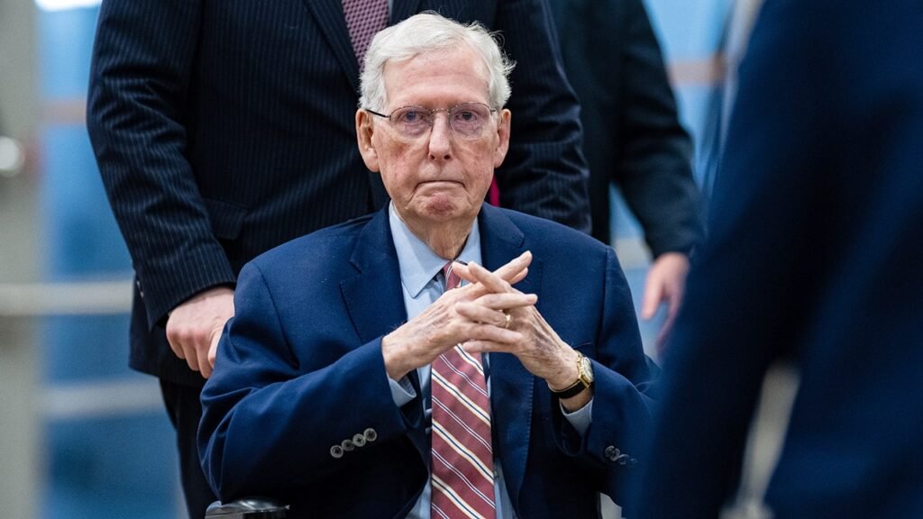 Mitch McConnell swarmed by security as reporter pleads: ‘Can you say a word for us?’ Mitch McConnell swarmed by security as reporter pleads: ‘Can you say a word for us?’