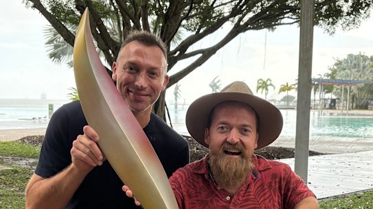 Olympian swimming legend Ian Thorpe and Paralympic swimmer Grant “Scooter” Patterson unveiled the first piece of Brisbane 2032’s emblems on Monday in Cairns.