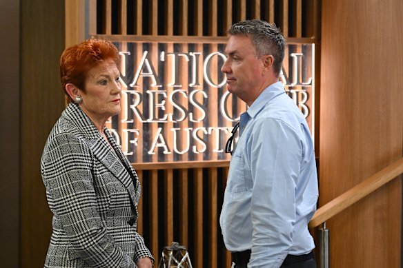 Pauline Hanson and adviser James Ashby before her address to the National Press Club in June.