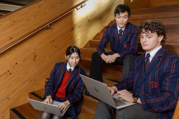 Barker College students Angela Li, Oscar Chen and Will Ryan. Barker College partnered with the University of Sydney.