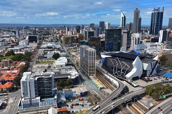 An artist impression of what the 30-storey tower will look like on Roe Street, Perth. 