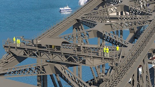 A render of one of the arch maintenance units for the Sydney Harbour Bridge.
