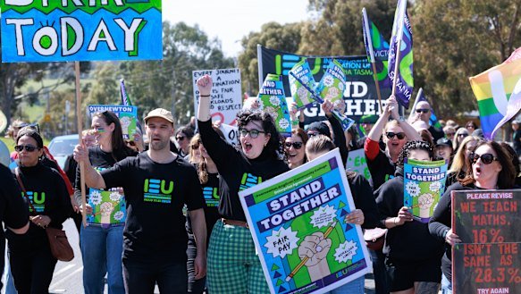 Teachers from the Overnewton Anglican Community College Yirramboi Campus in Keilor go on strike over pay and conditions. 