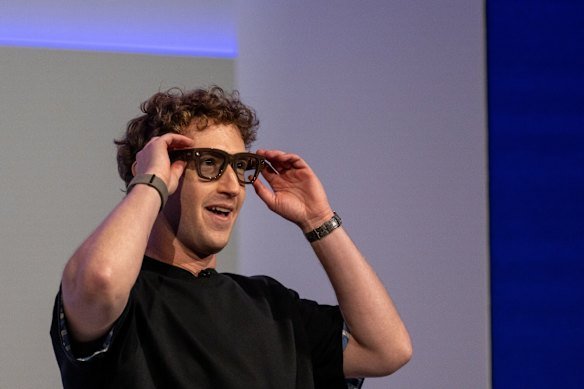 Mark Zuckerberg, chief executive of Meta Platforms, wears a pair of Meta Ray-Ban display AI glasses.