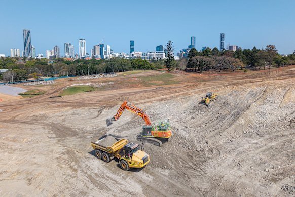 A large section of Victoria Park has been excavated for the Olympic stadium build.