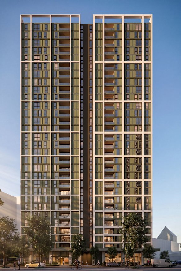 An artist impression of the Roe Street 30-storey social and affordable apartment building.