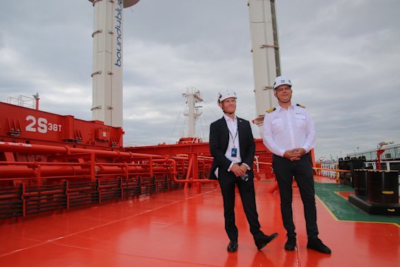 KCC chief executive Engebret Dahm with MV Baltazar captain at the launch of the ship. 