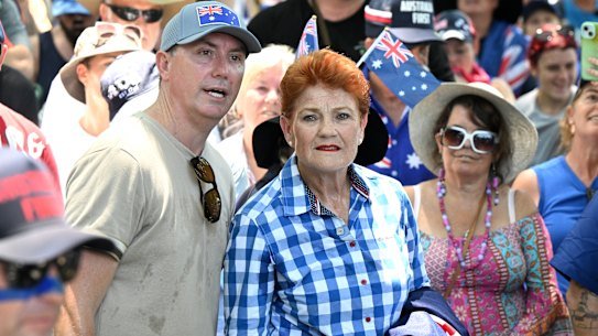 James Ashby and One Nation Leader Senator Pauline Hanson are seen attending the Australia Marches rally during Australia Day celebrations in Brisbane, Monday, January 26, 2026.