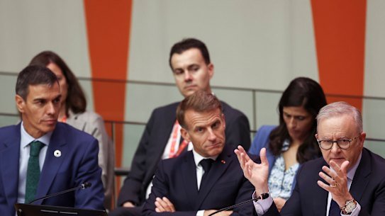 Prime Minister of Spain Pedro Sánchez, President of France Emmanuel Macron, and Prime Minister Anthony Albanese during the Coalition for Children’s Rights and Protection in the Age of AI event at the United Nations.