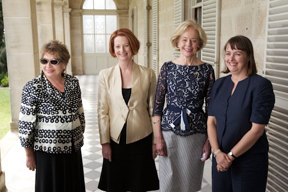 Mary Gaudron (left) at Parliament House in 2011 with then-prime minister Julia Gillard, governor-general Quentin Bryce and then-attorney-general Nicola Roxon.