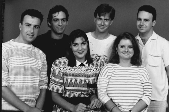 D-Generation: Marg Downey and Magda Szubanski with, from left, Santo Cilauro, Rob Sitch, John Harrison and Michael Veitch, 1987.