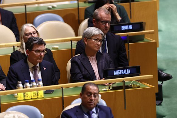 Foreign Affairs Minister Penny Wong listening to Albanese’s UN address.