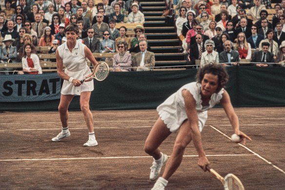 Playing doubles with Margaret Court in London in 1971. 