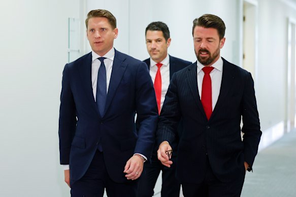 Hastie and Liberal senators Alex Antic (centre) and Jonno Duniam leave the meeting room following the February 13 leadership spill that installed Angus Taylor.
