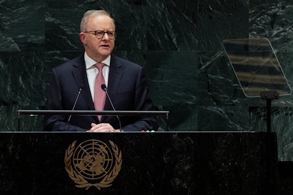 Prime Minister Anthony Albanese addressing the United Nations General Assembly.