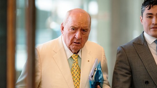 Alan Jones arrives at the Downing Centre Local Court in Sydney on Monday.
