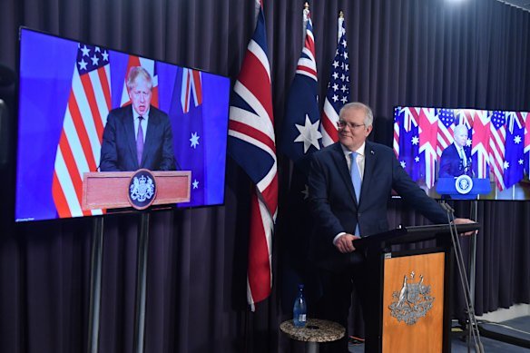 Scott Morrison announcing AUKUS with Boris Johnson and Joe Biden in September 2021.