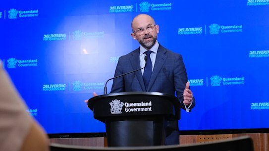 Queensland Treasurer David Janetzki speaks to media from government headquarters at One William Street on Friday.