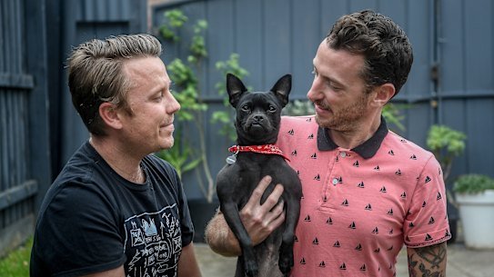 Ryan Stevens and Drew Grove recently adopted Banshee, a 13-month-old dog, from the RSPCA.