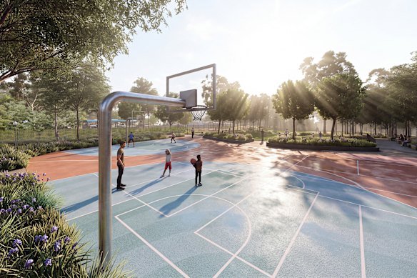 The 2.5 hectares of open space will have open lawns, gardens, shared paths, a multi-use half court for pickleball and basketball, a synthetic-turf sports area and an outdoor fitness station.
