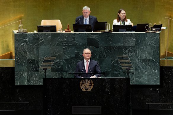 Albanese addresses the UN General Assembly in New York.