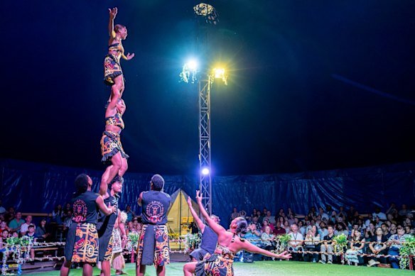 The show features aerials, acrobats, dance, drumming and singing.