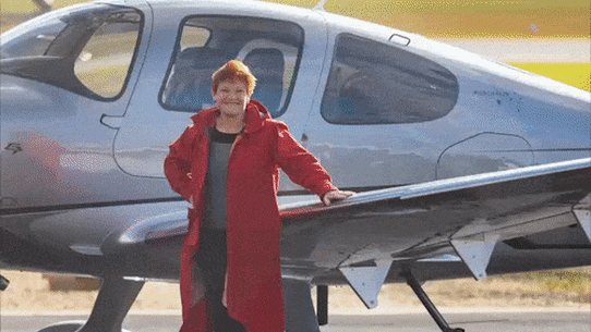 Pauline Hanson with the plane donated to One Nation by Gina Rinehart, and the party’s earlier aircraft, a gift from property developer Bill McNee. 
