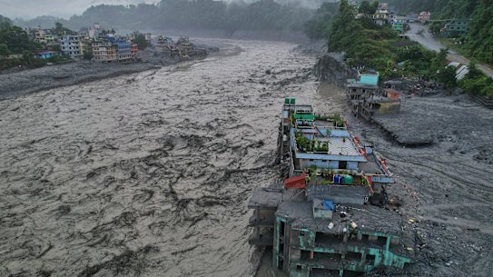 A drone view of the aftermath of flash flooding along the Trishuli River.