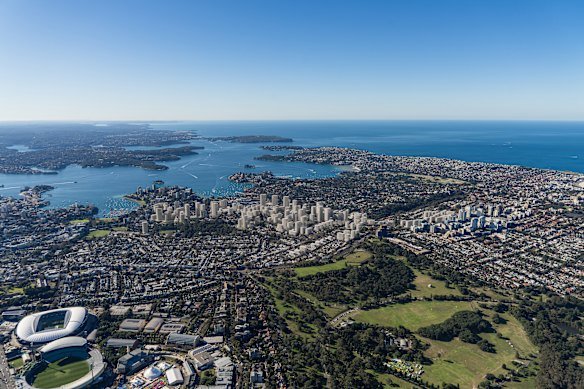 An aerial render of the proposed Woollahra and Edgecliff station upzoning.