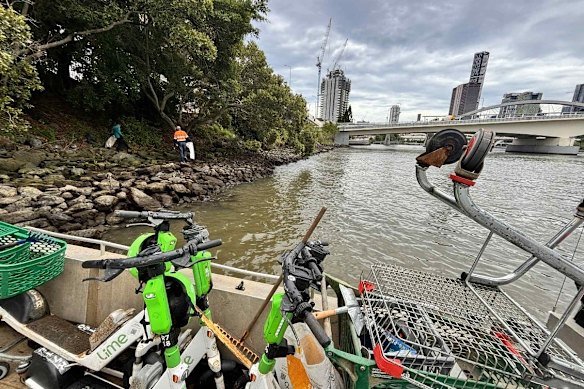 Ocean Crusaders has pulled about 150 e-scooters from the Brisbane River shallows near the CBD.
