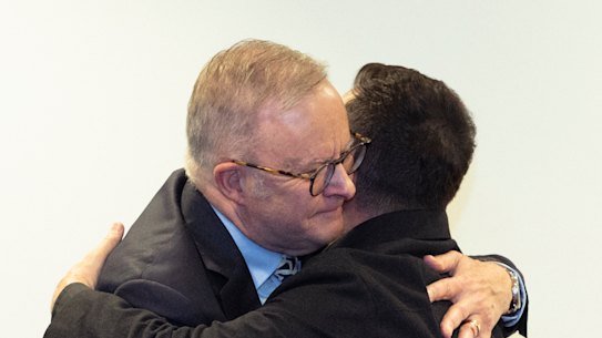 Prime Minister Anthony Albanese embraces Ukrainian President Volodymyr Zelensky in an emotional meeting in New York.