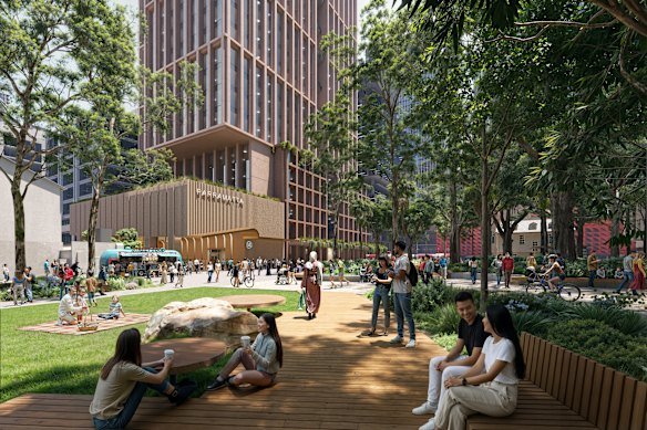 An artist’s impression of a tower above Parramatta’s new metro railway station.