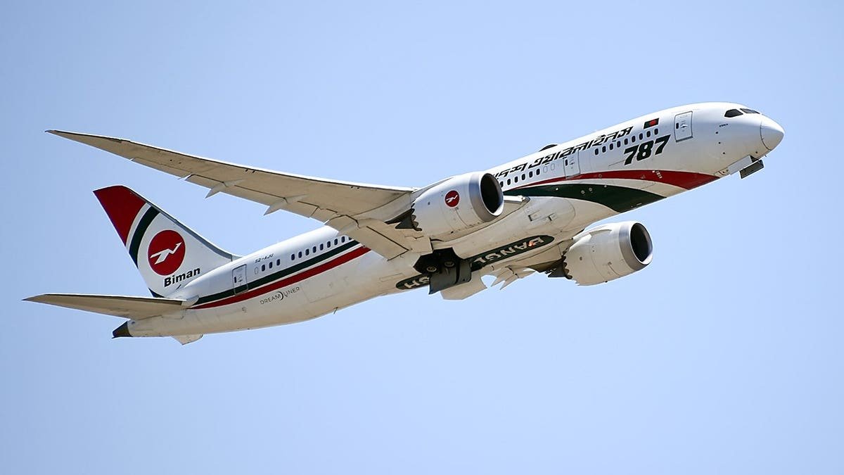 View of Bangladesh Airlines aircraft in flight