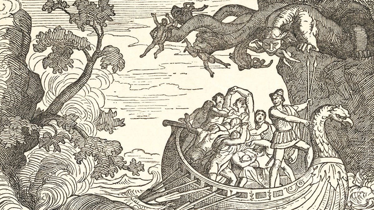 Depiction of Scylla and Charybdis in ancient etching
