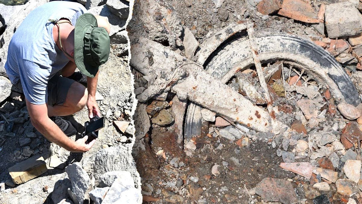 Man digging near site next to mud-covered motorcycle