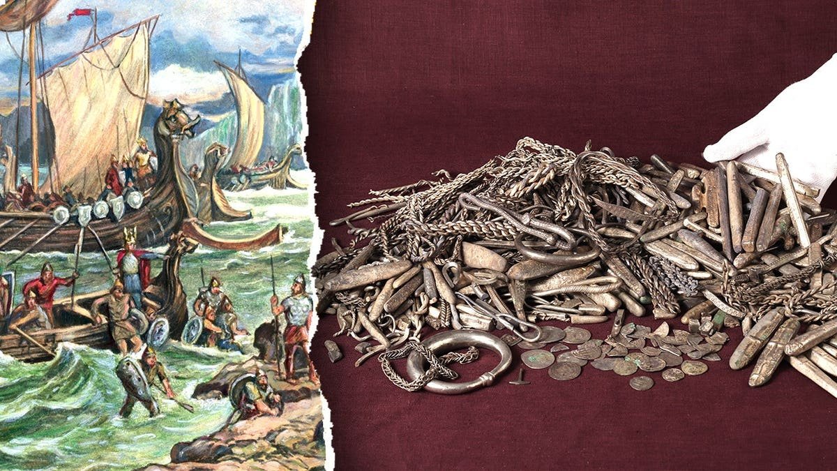 Split image of Vikings, hoard of silver treasure