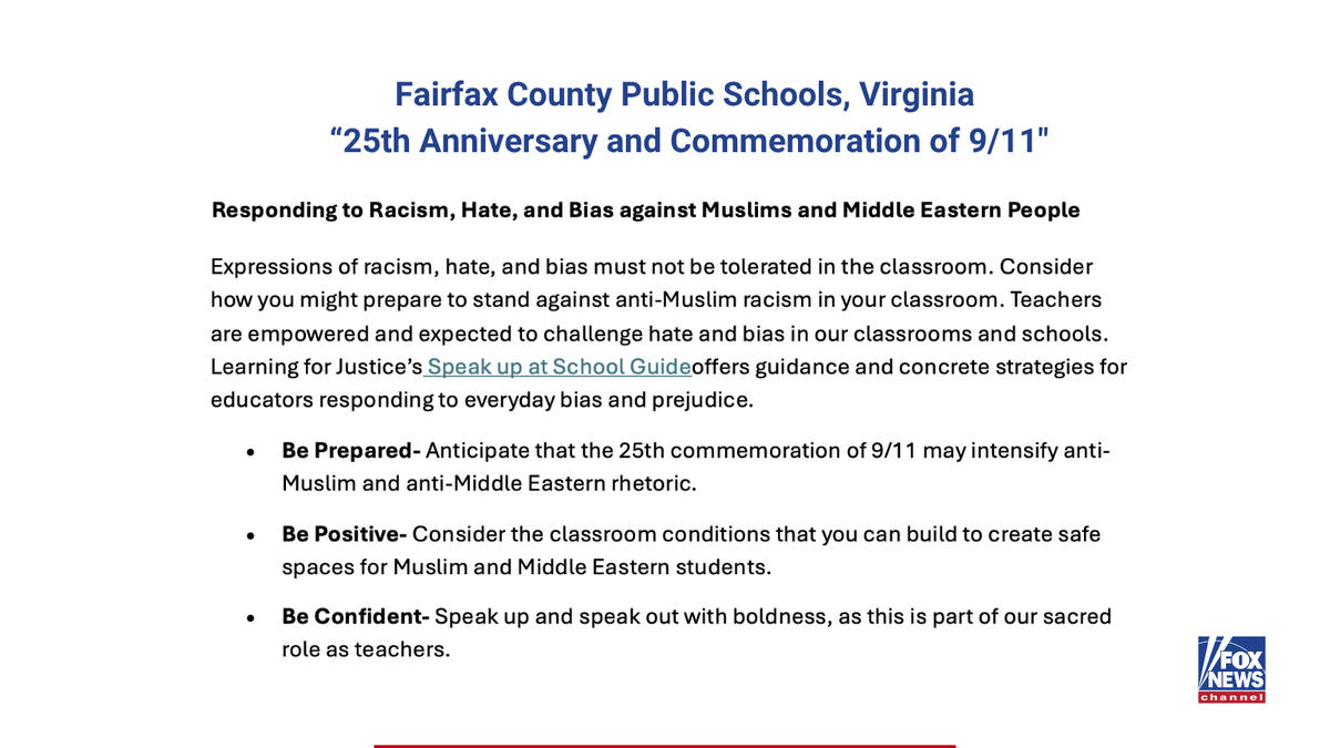 Fairfax County Public Schools provides teachers a guidance on teaching about the 9/11 attacks with an emphasis on challenging 