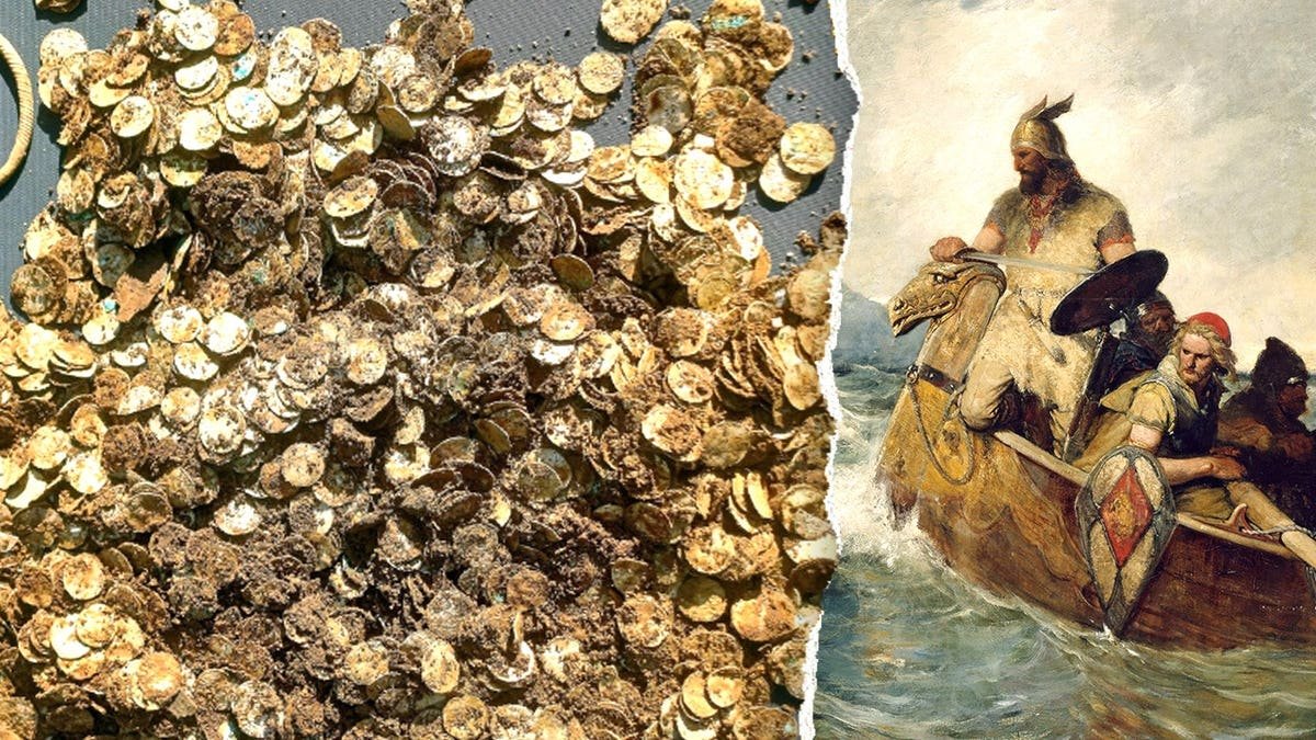 View of dirt-covered hoard next to painting of Viking