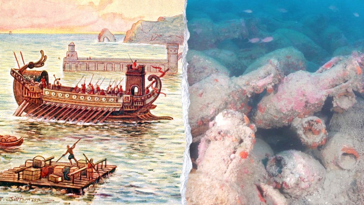 Split image of ancient Roman ship painting, amphorae on seabed